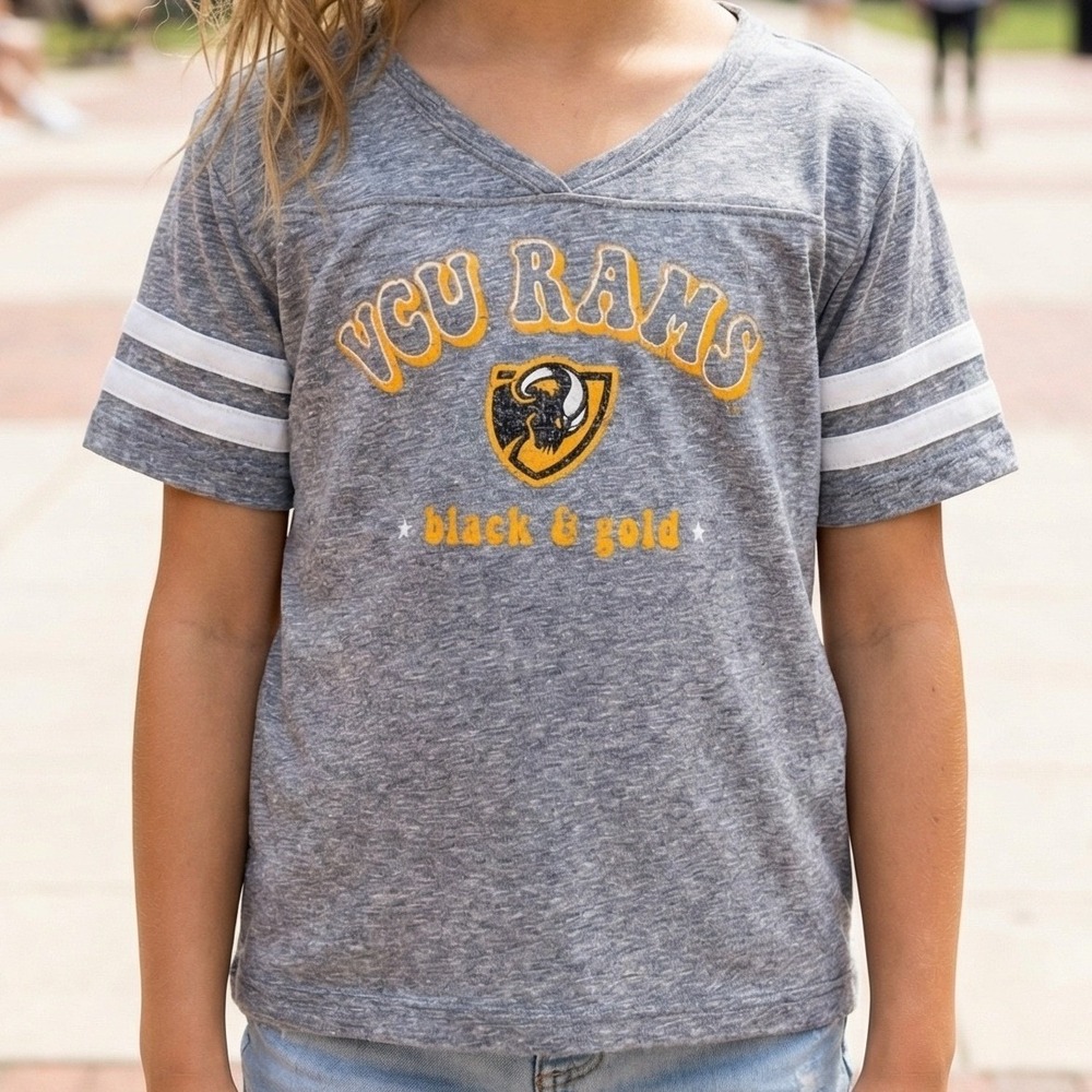 Rivalry Threads VCU Rams Kids Gray Heather V-Neck T-Shirt Sleeve Stripes NWT‎